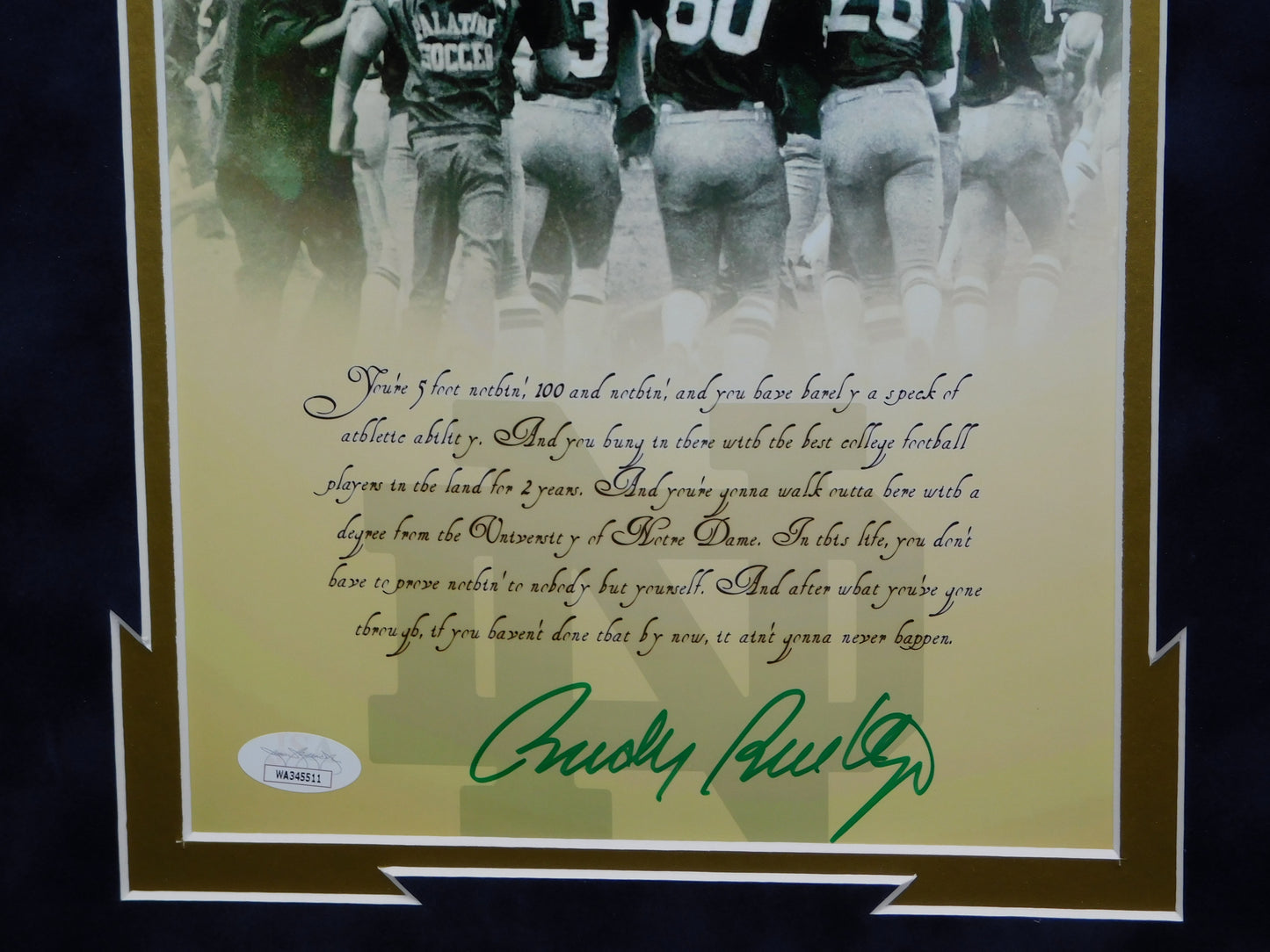 Rudy Ruettiger Signed Autographed Framed 8x10 Photo Notre Dame Fighting Irish JSA COA