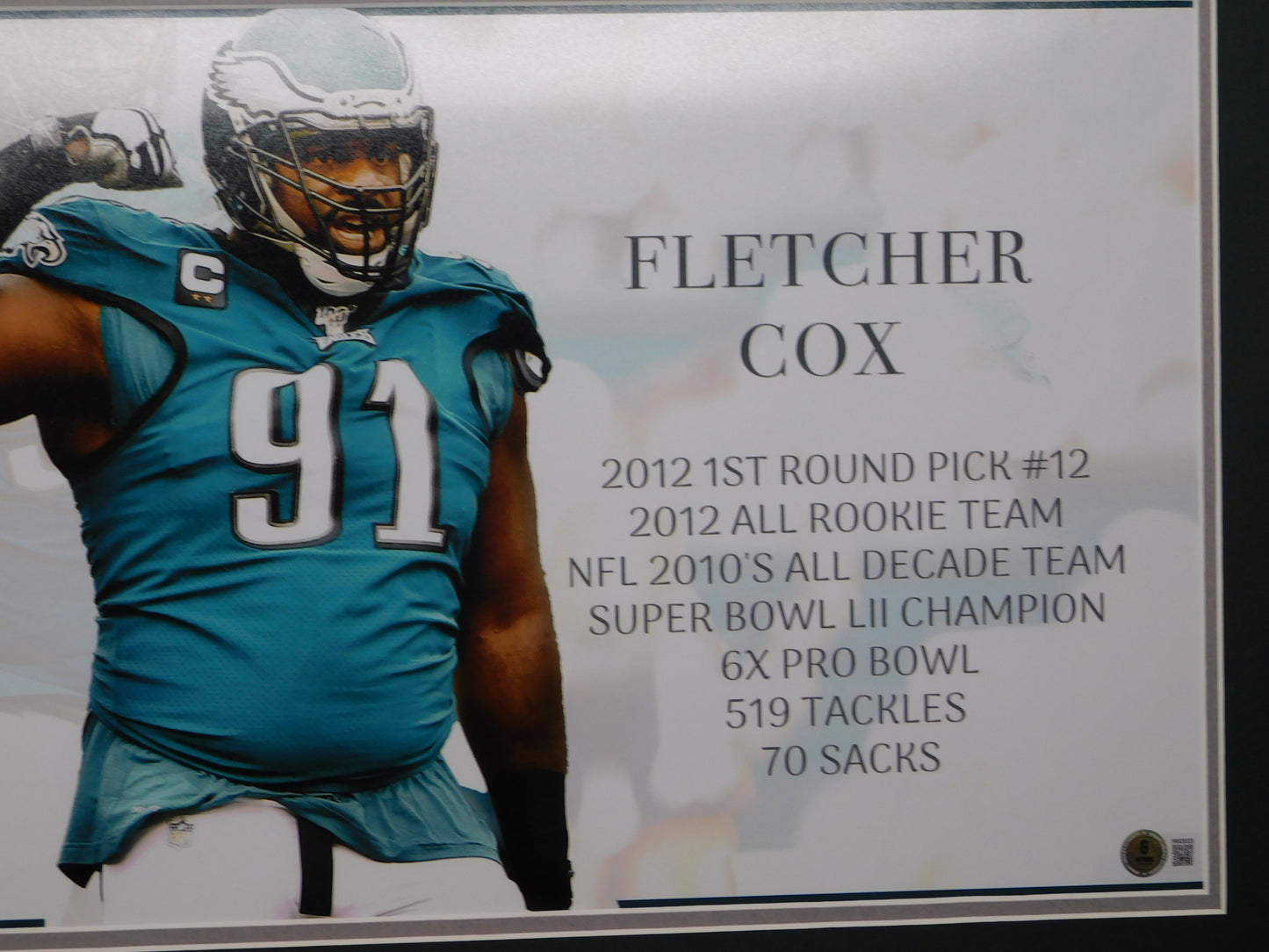 Fletcher Cox Signed Autographed Inscribed Framed Panoramic Photo Philadelphia Eagles BAS COA