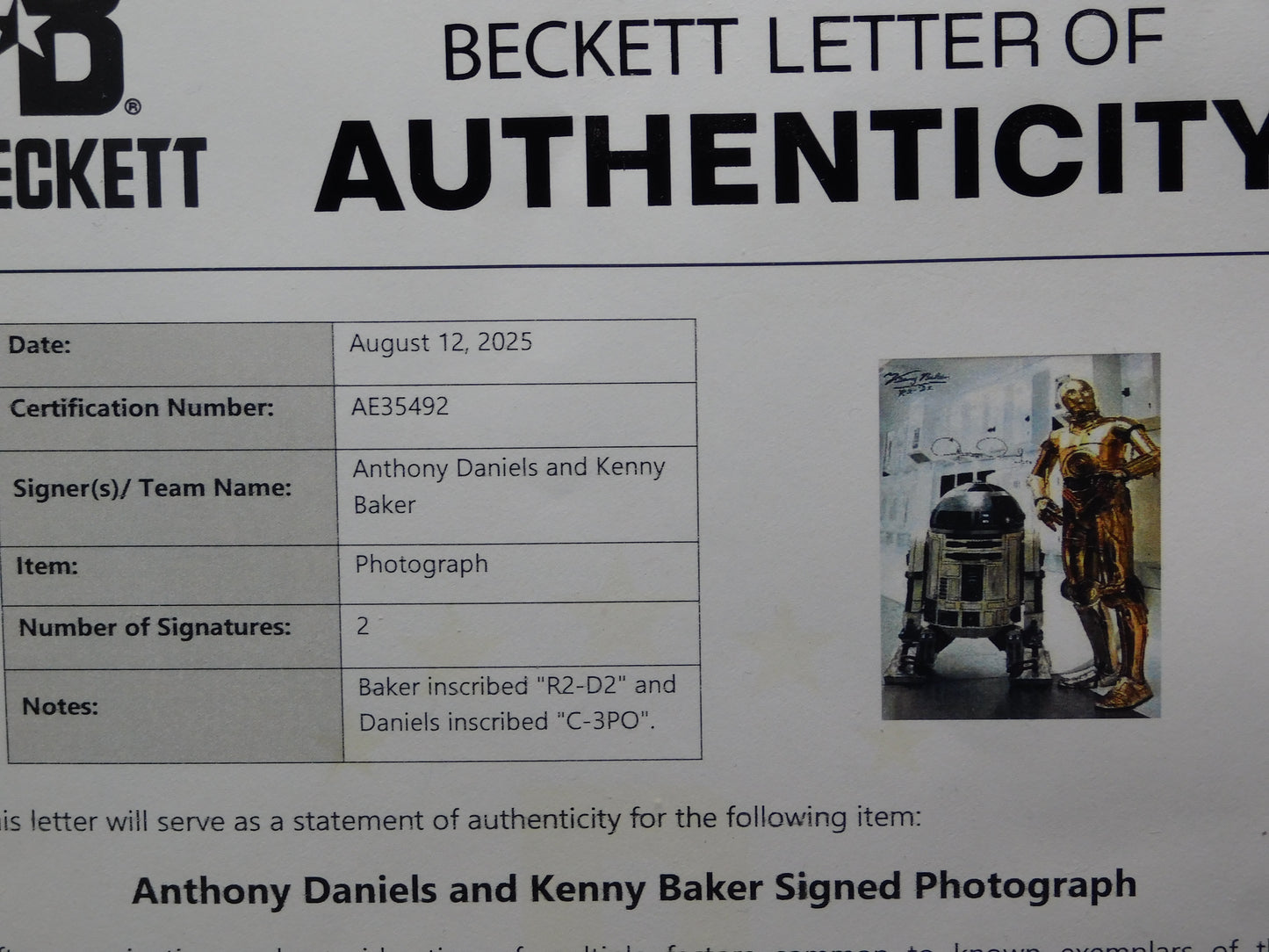 Anthony Daniels & Kenny Baker Dual Signed Framed 16x20 Photo Star Wars C-3PO R2-D2 BAS LOA