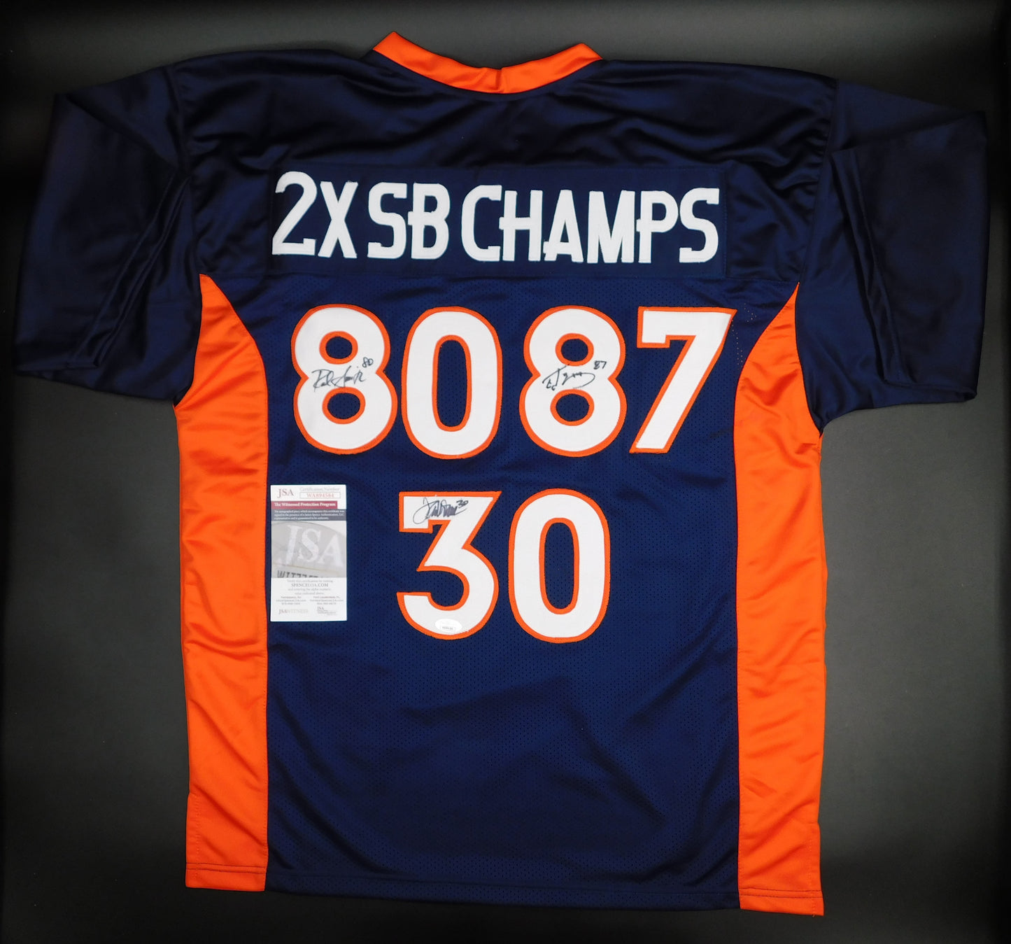 Terrell Davis Ed McCaffrey & Rod Smith Multi Signed Broncos SB Champs Blue Jersey JSA COA