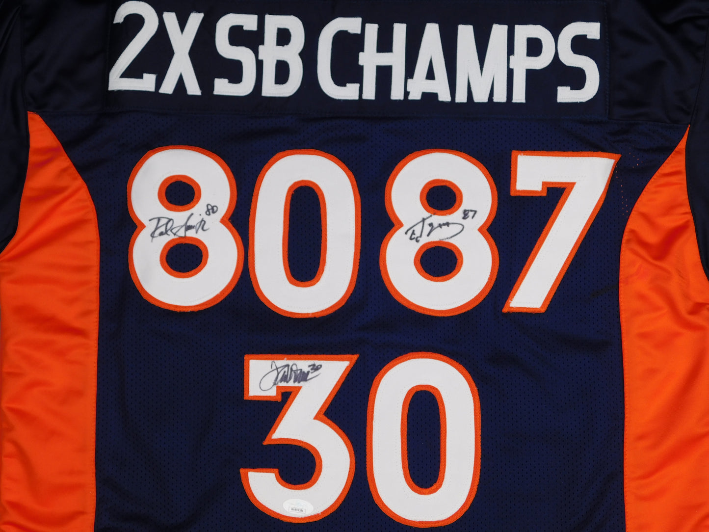 Terrell Davis Ed McCaffrey & Rod Smith Multi Signed Broncos SB Champs Blue Jersey JSA COA