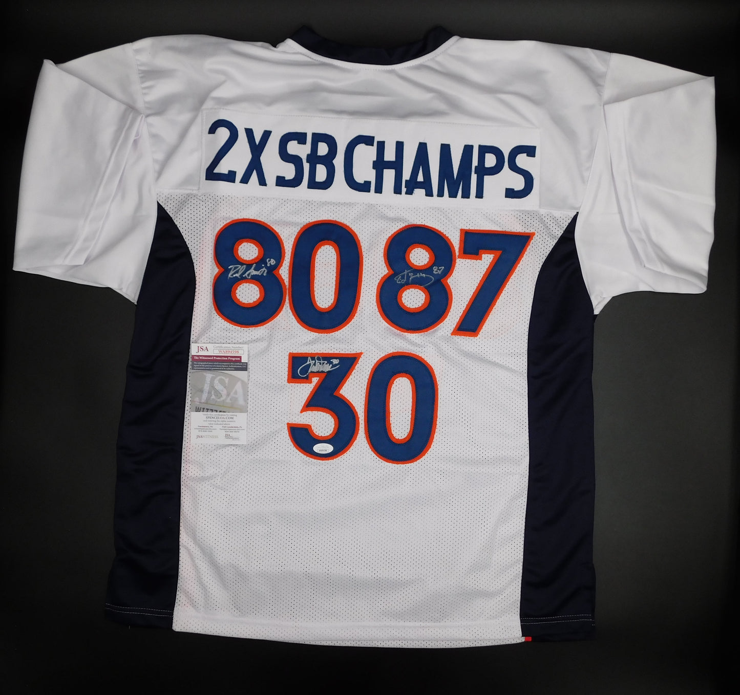 Terrell Davis Ed McCaffrey Rod Smith Multi Signed Broncos SB Champs White Jersey JSA COA