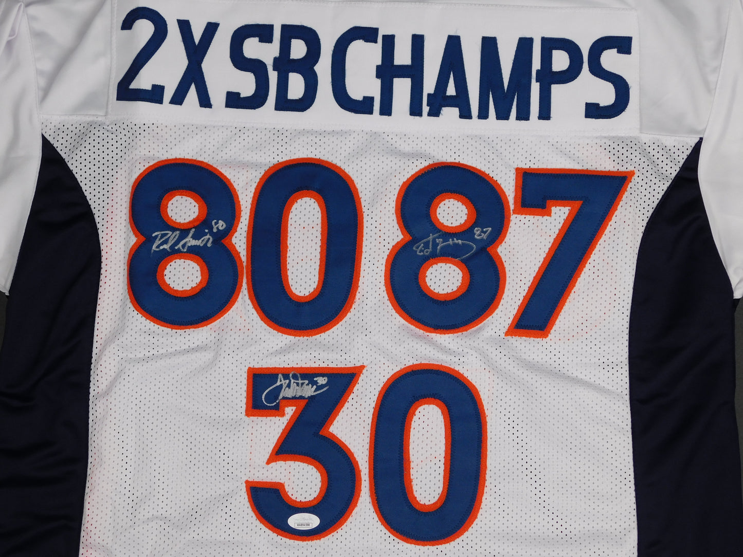 Terrell Davis Ed McCaffrey Rod Smith Multi Signed Broncos SB Champs White Jersey JSA COA