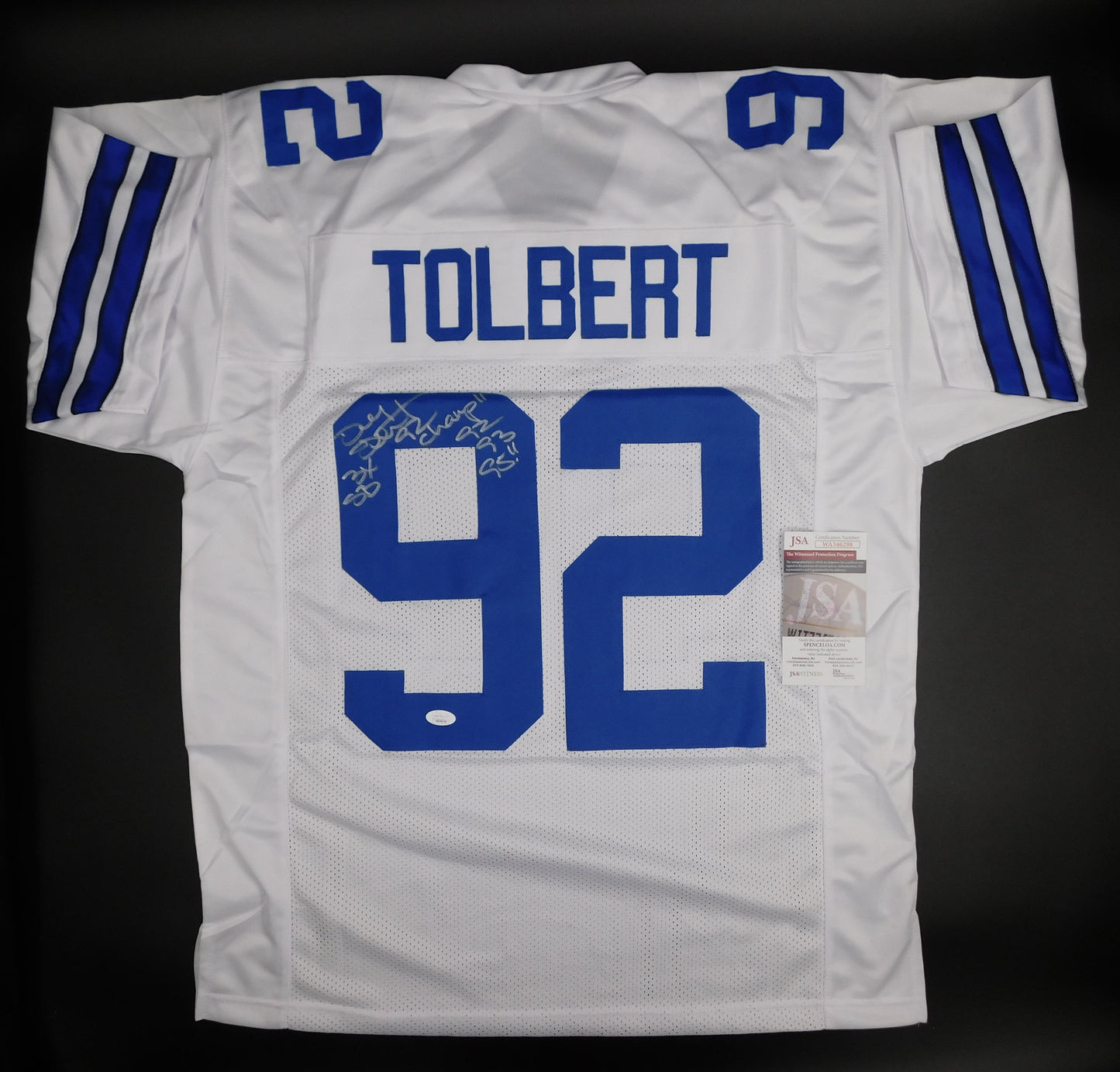 Tony Tolbert Signed Autographed Dallas Cowboys White Football Jersey Champ JSA COA
