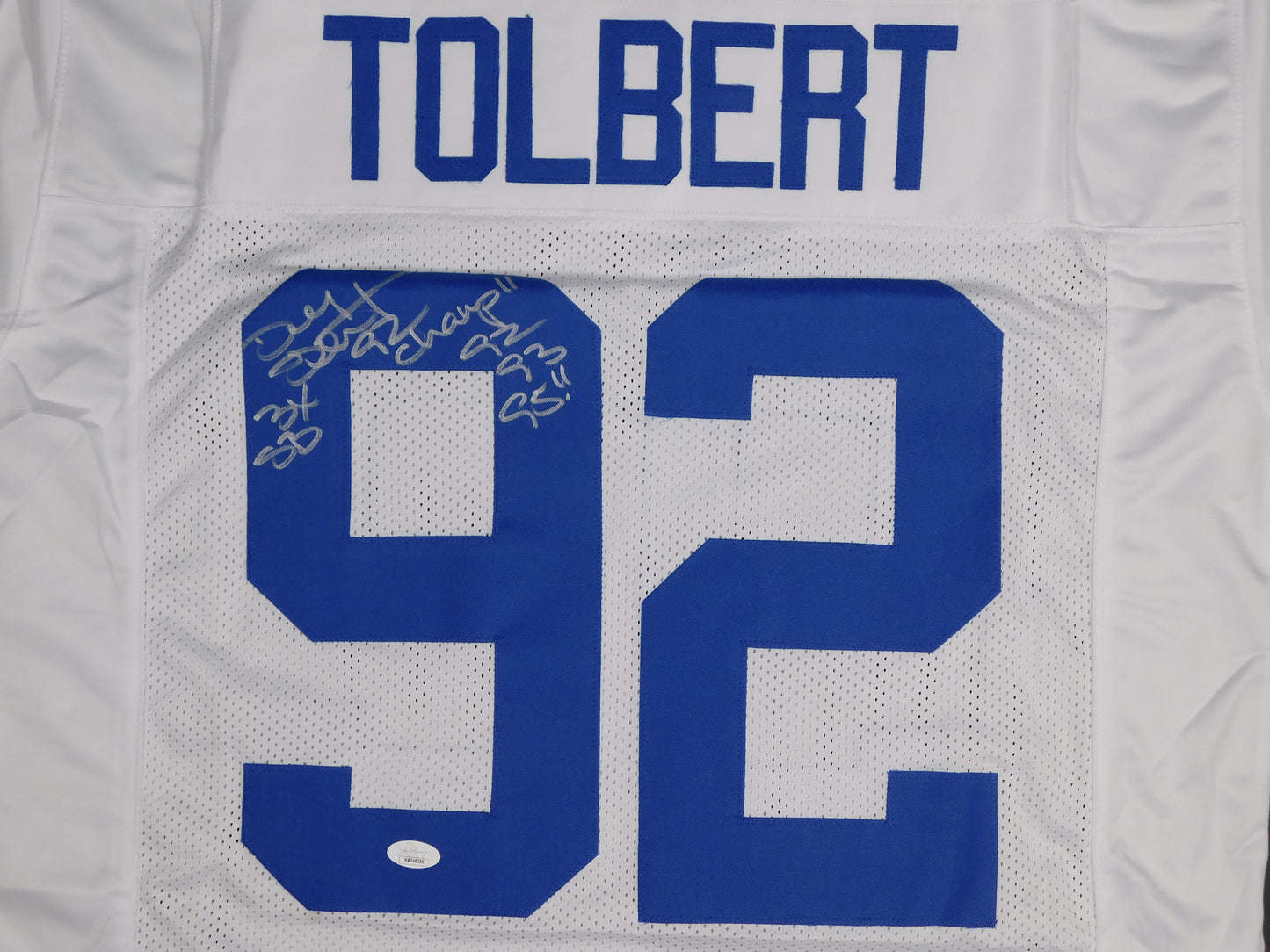 Tony Tolbert Signed Autographed Dallas Cowboys White Football Jersey Champ JSA COA