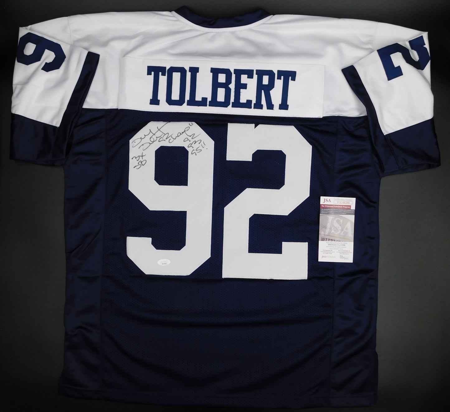 Tony Tolbert Signed Autographed Dallas Cowboys Thanksgiving Blue Football Jersey JSA COA