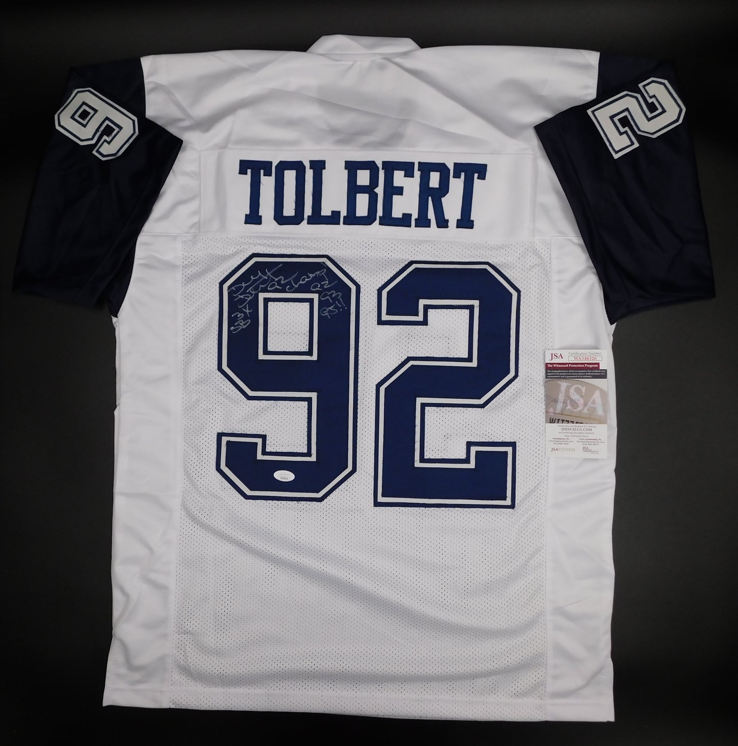 Tony Tolbert Signed Autographed Dallas Cowboys White Alt Football Jersey JSA COA