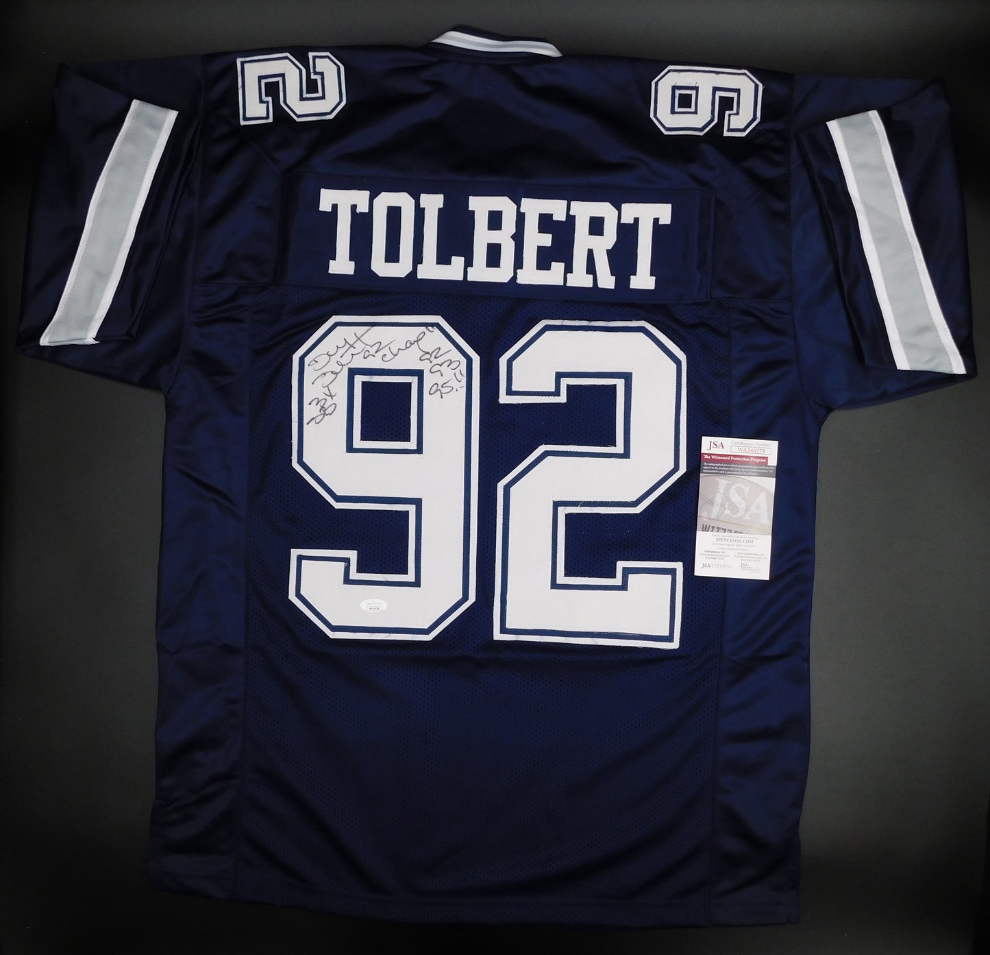 Tony Tolbert Signed Autograph Dallas Cowboys Blue Football Jersey Champ JSA COA