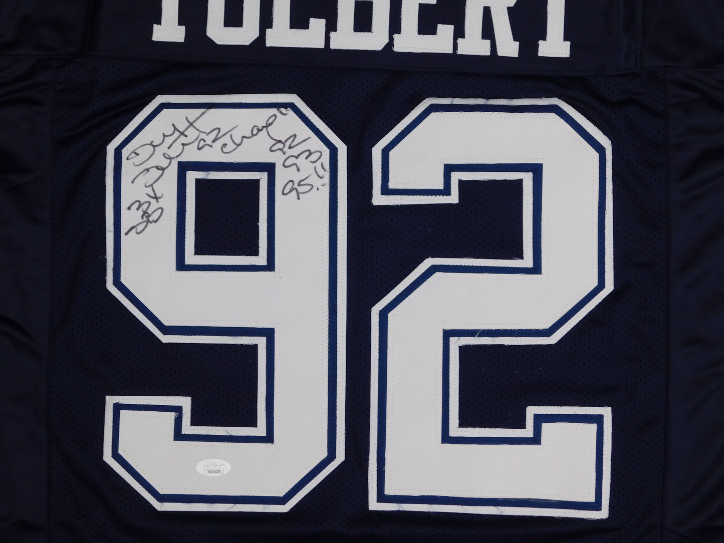 Tony Tolbert Signed Autograph Dallas Cowboys Blue Football Jersey Champ JSA COA