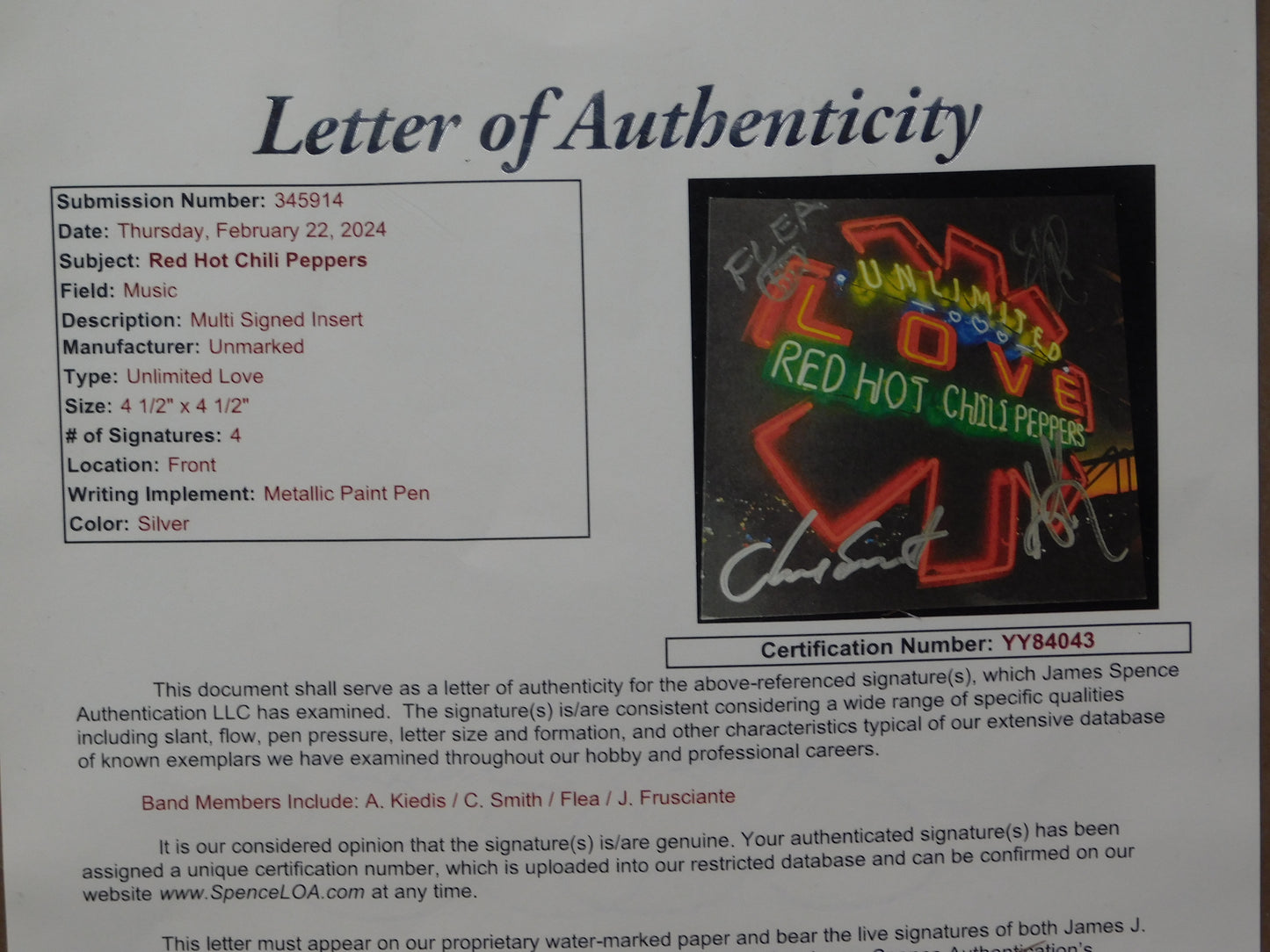 Red Hot Chili Peppers Full Band Signed Autographed Framed CD Insert Unlimited Love Album JSA COA