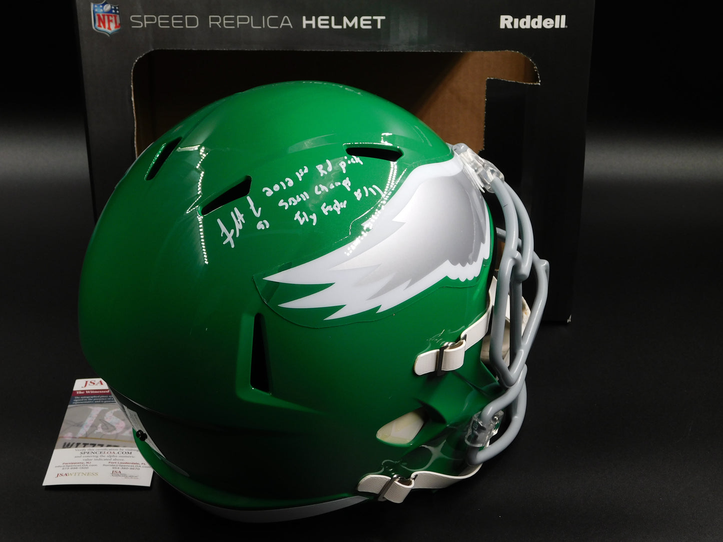 Fletcher Cox Signed Autographed Inscribed Full Size Eagles Kelly Green Speed Helmet JSA COA