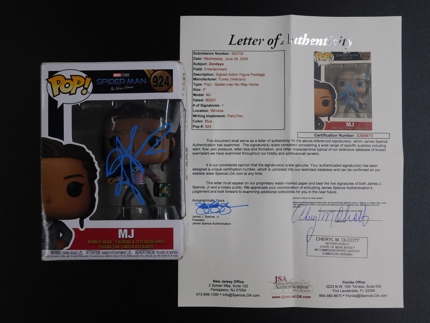 Zendaya Signed Autographed Funko Pop 924 MJ Mary Jane Spider-Man Marvel JSA LOA
