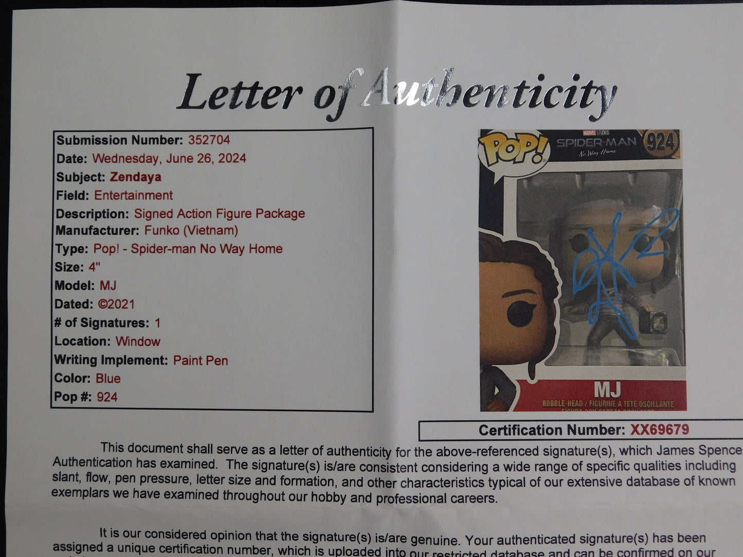 Zendaya Signed Autographed Funko Pop 924 MJ Mary Jane Spider-Man Marvel JSA LOA
