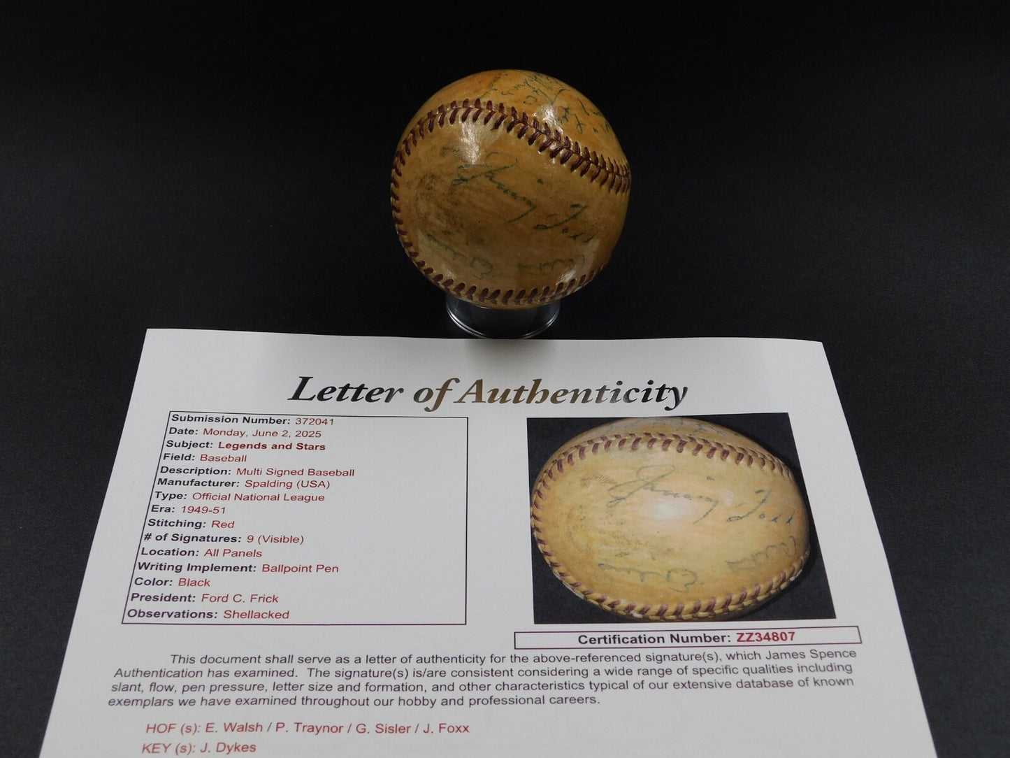 Jimmie Foxx / Traynor / Sisler / Walsh Signed ONL Spalding Baseball JSA LOA