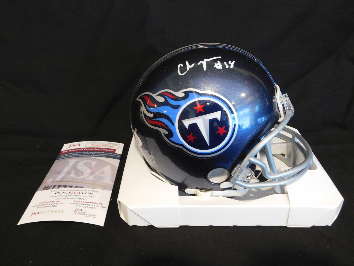 Chris Johnson CJ2K Signed Autographed Blue Tennessee Titans Throwback VSR4 Mini Helmet JSA COA