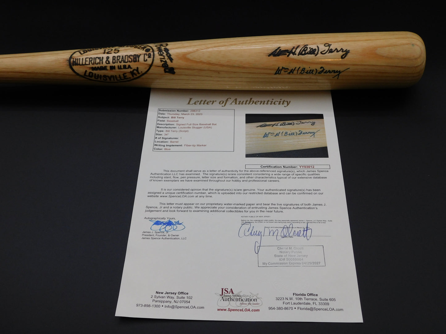 WH Bill Terry Signed / Autographed New York Giants Louisville Slugger Baseball Bat JSA LOA HOF