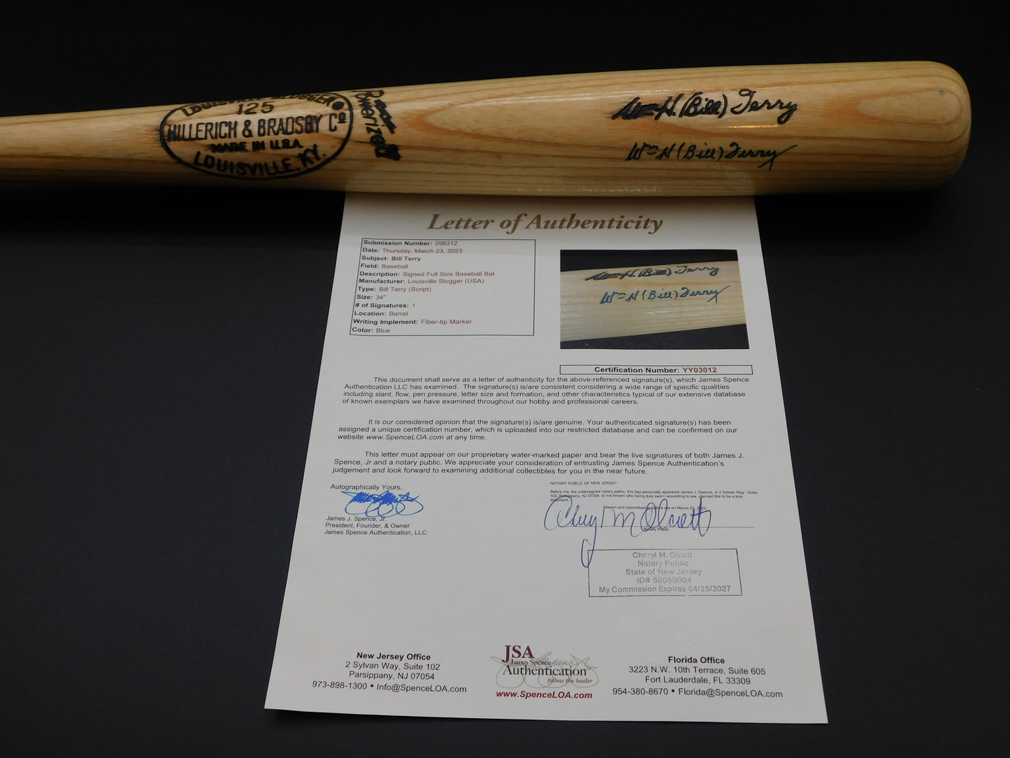 WH Bill Terry Signed / Autographed New York Giants Louisville Slugger Baseball Bat JSA LOA HOF