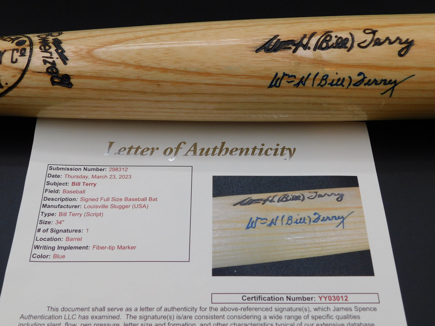 WH Bill Terry Signed / Autographed New York Giants Louisville Slugger Baseball Bat JSA LOA HOF