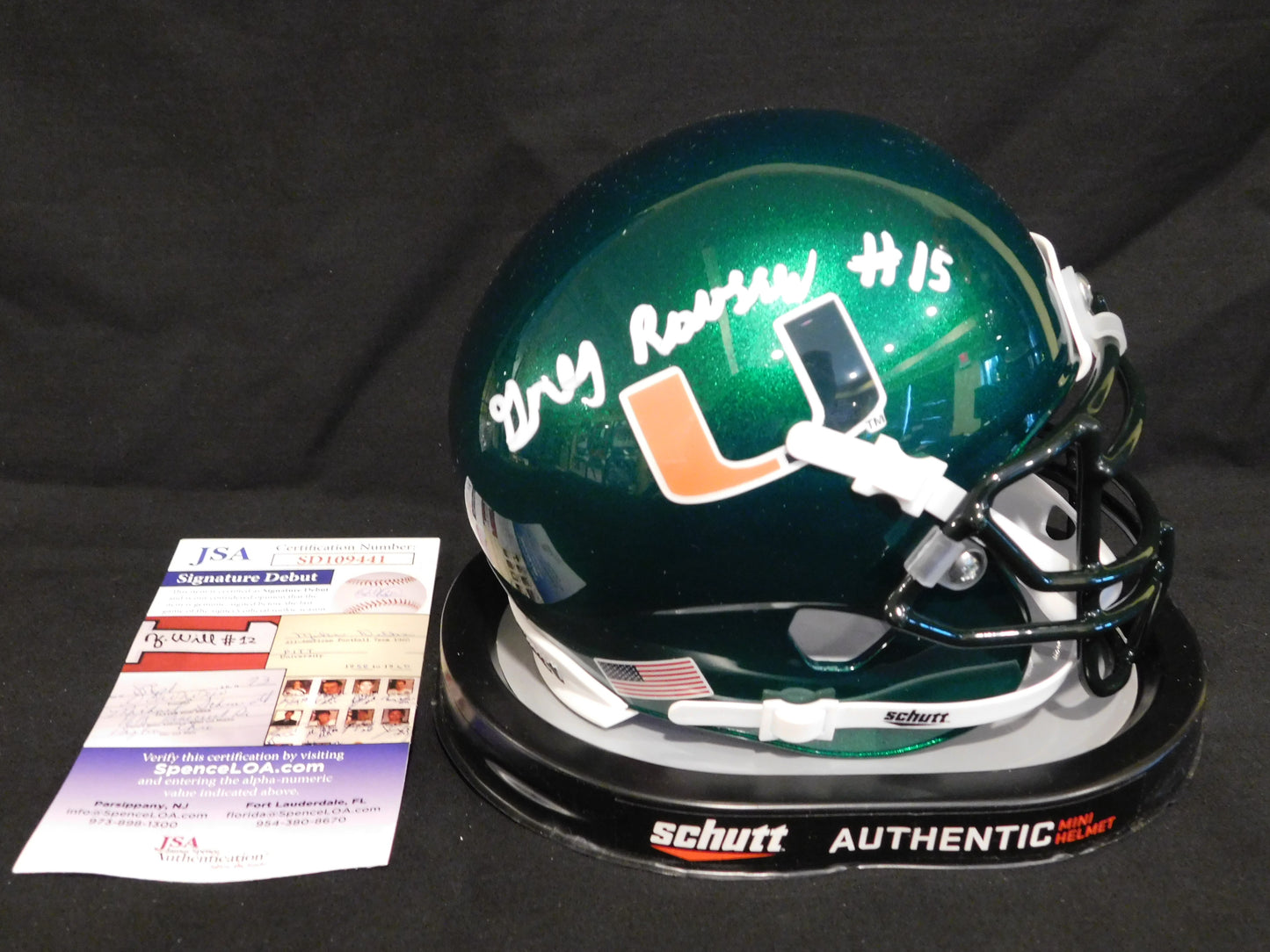 Greg Rousseau Signed Autographed Miami Hurricanes Green Alt Schutt Mini Helmet JSA COA