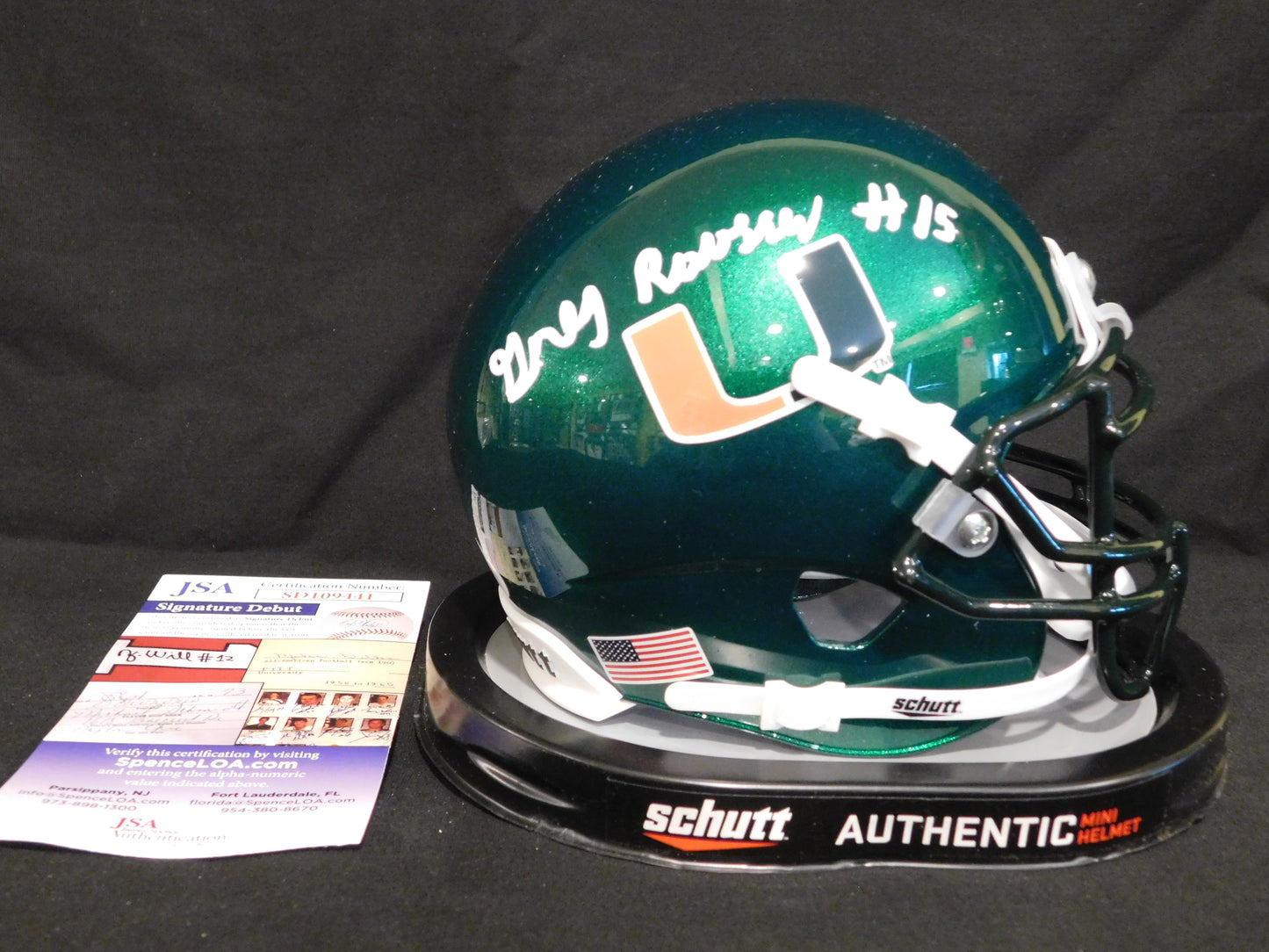 Greg Rousseau Signed Autographed Miami Hurricanes Green Alt Schutt Mini Helmet JSA COA