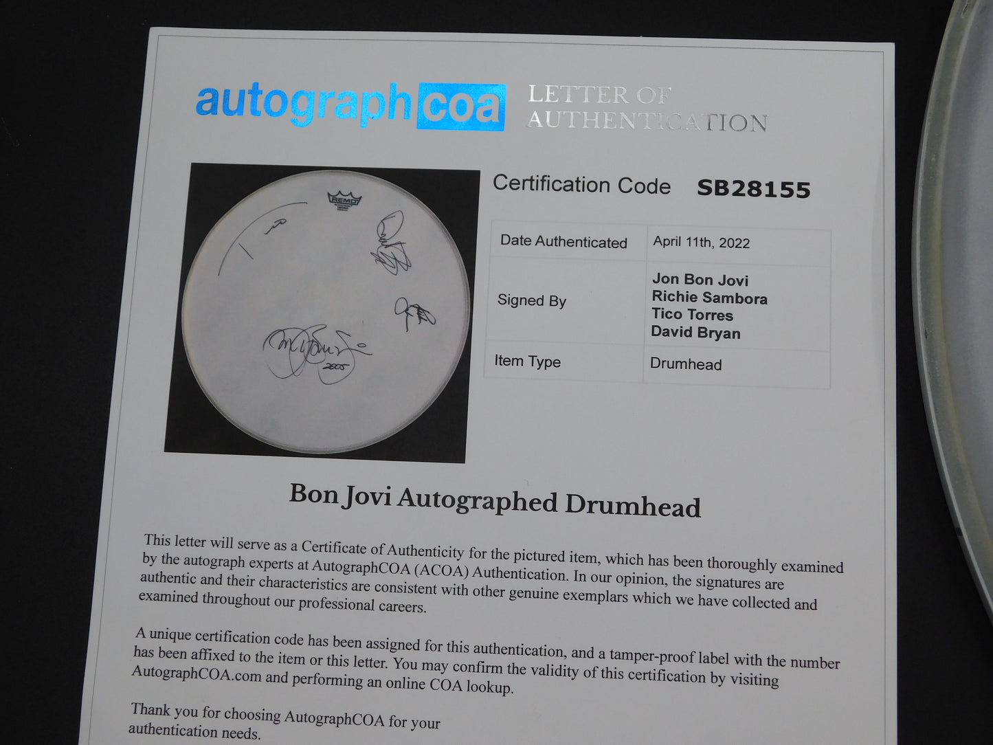 Bon Jovi Band Signed 2005 Tour Used Drum Head Jon Bon Jovi, Richie Sambora, Tico Torres and David Bryan ACOA LOA