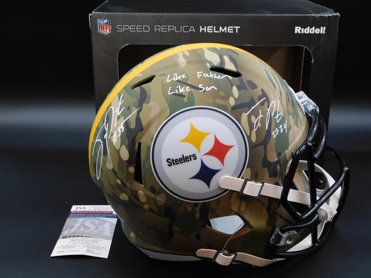 Joey Porter Jr & Sr Signed Autographed Pittsburgh Steelers Full Size Camo Helmet JSA COA