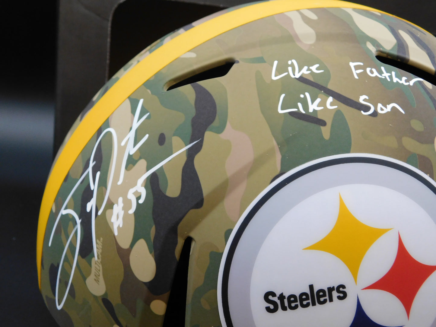 Joey Porter Jr & Sr Signed Autographed Pittsburgh Steelers Full Size Camo Helmet JSA COA