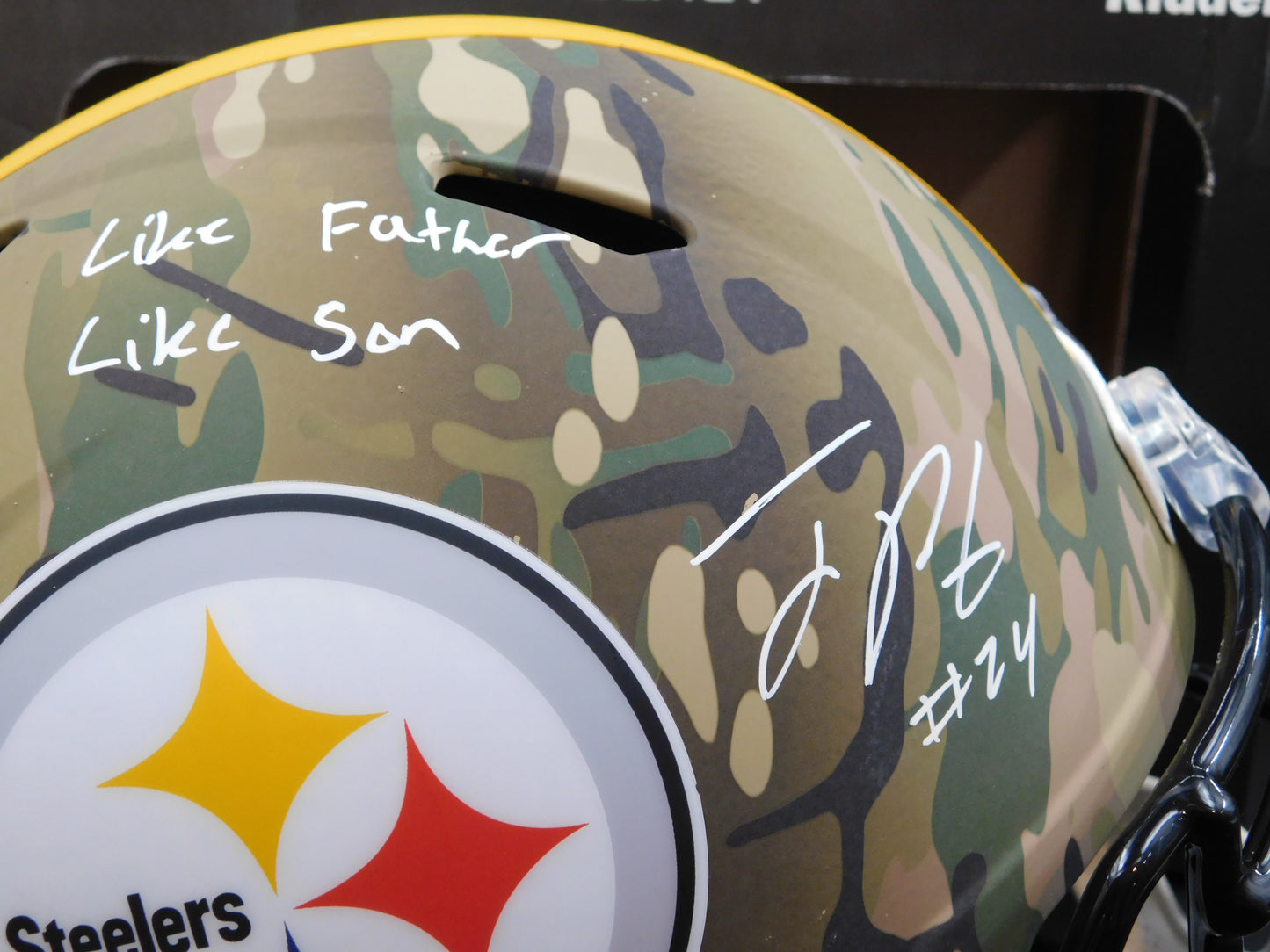 Joey Porter Jr & Sr Signed Autographed Pittsburgh Steelers Full Size Camo Helmet JSA COA