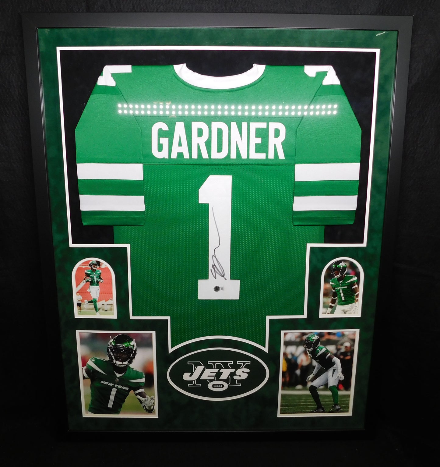 Sauce Gardner Signed Autographed Framed New York Jets Green Football Jersey BAS COA
