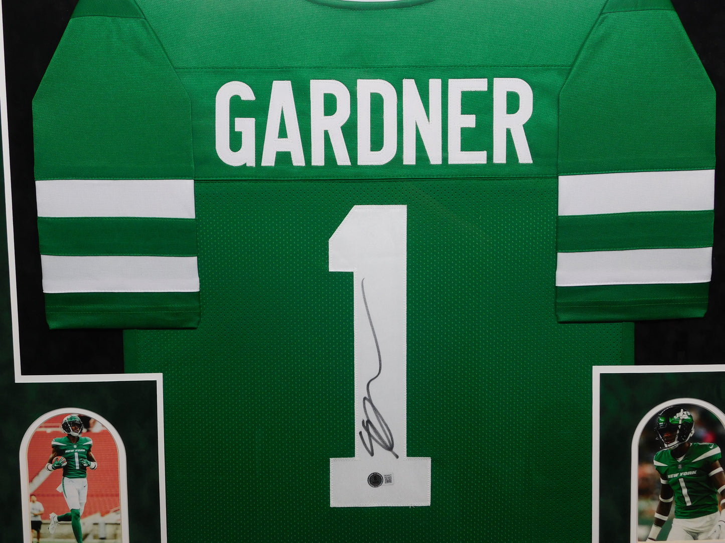 Sauce Gardner Signed Autographed Framed New York Jets Green Football Jersey BAS COA