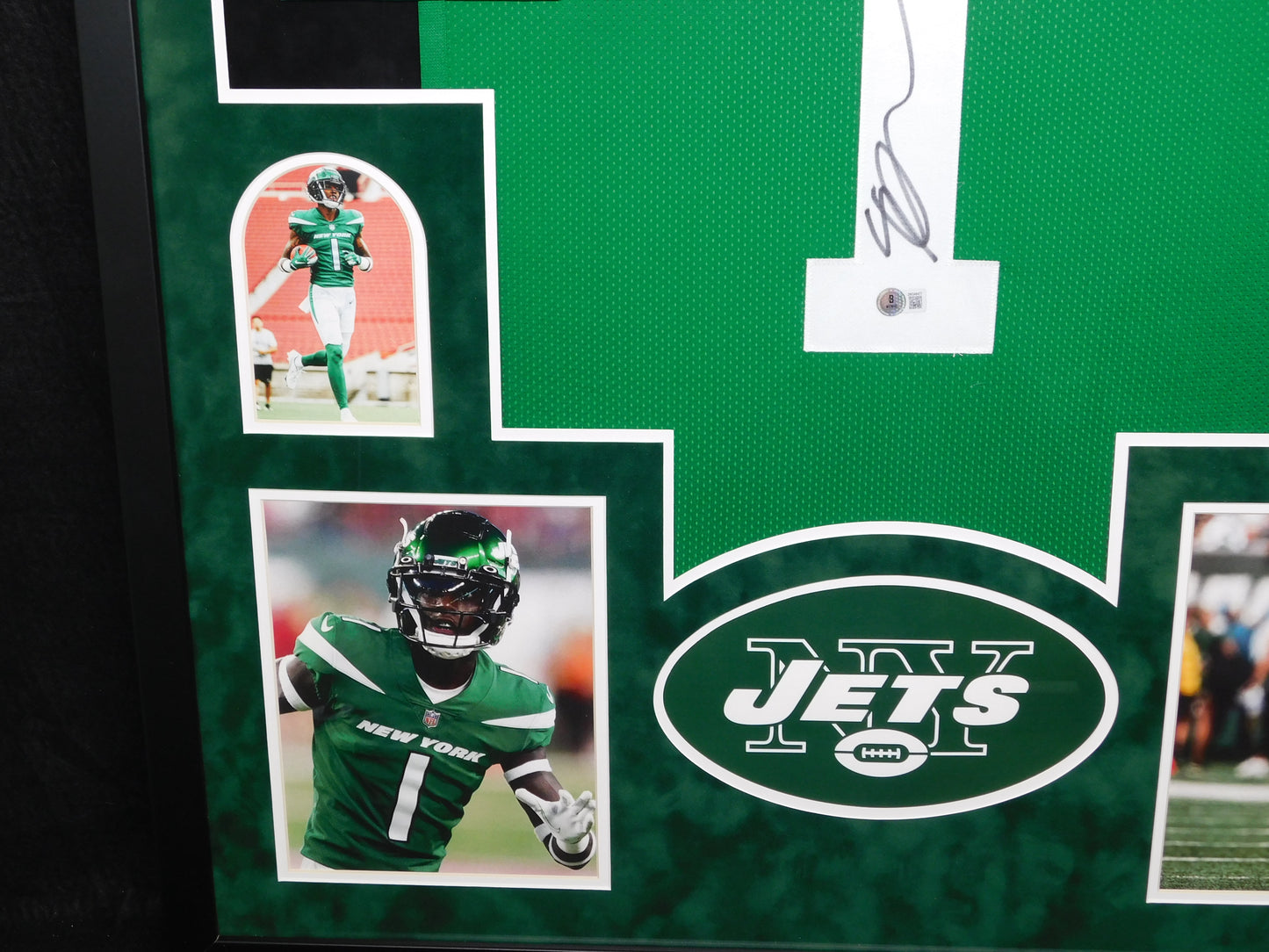 Sauce Gardner Signed Autographed Framed New York Jets Green Football Jersey BAS COA