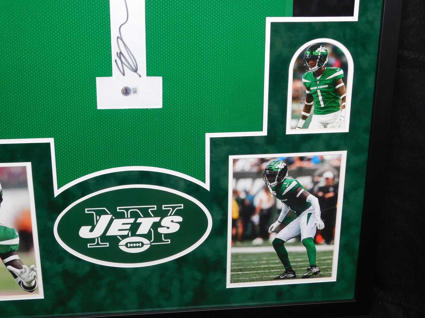 Sauce Gardner Signed Autographed Framed New York Jets Green Football Jersey BAS COA