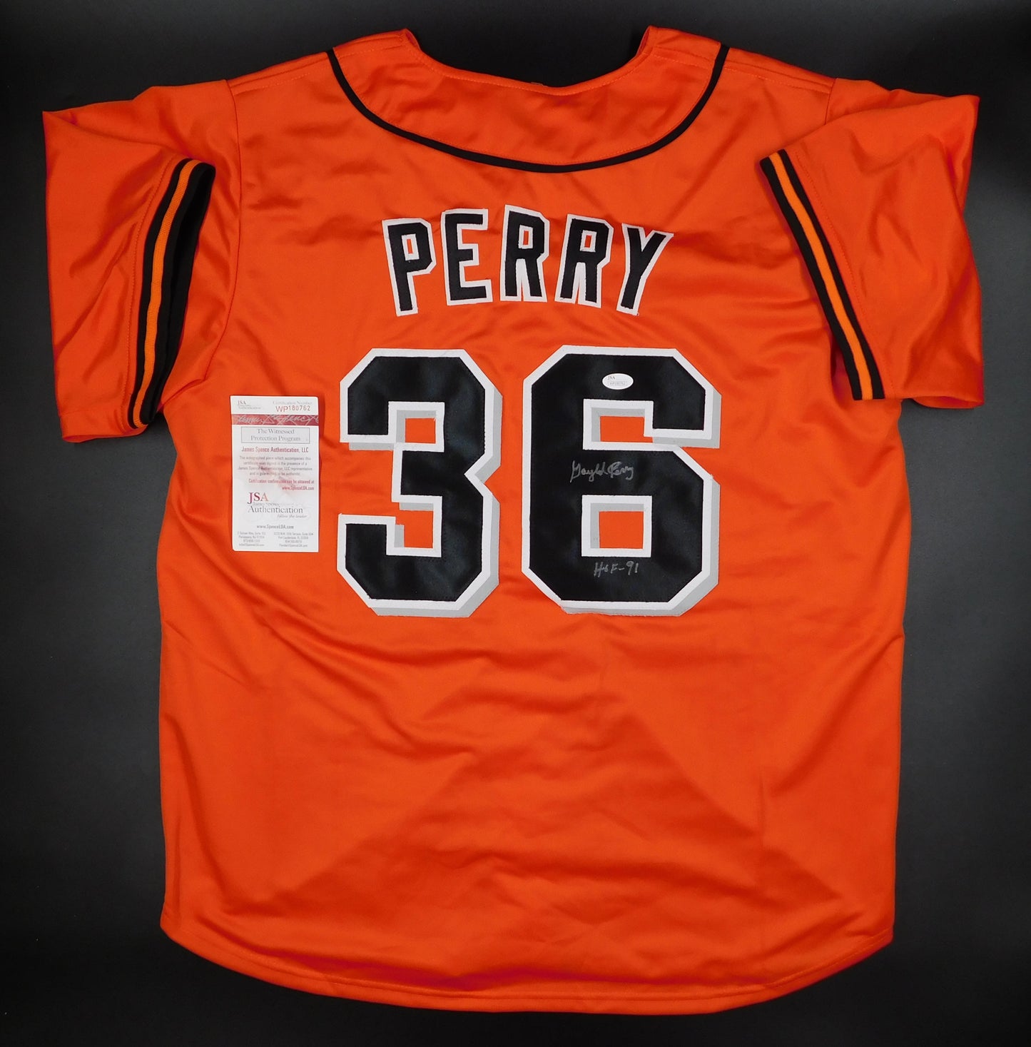 Gaylord Perry Signed Autographed San Francisco Giants Orange Jersey Inscribed HOF 91 JSA COA