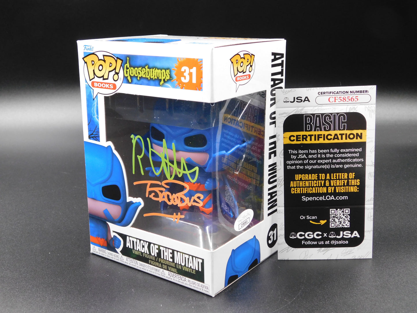 RL Stine & Tim Jacobus Dual Signed Funko Pop 31 Goosebumps Attack of The Mutant JSA COA