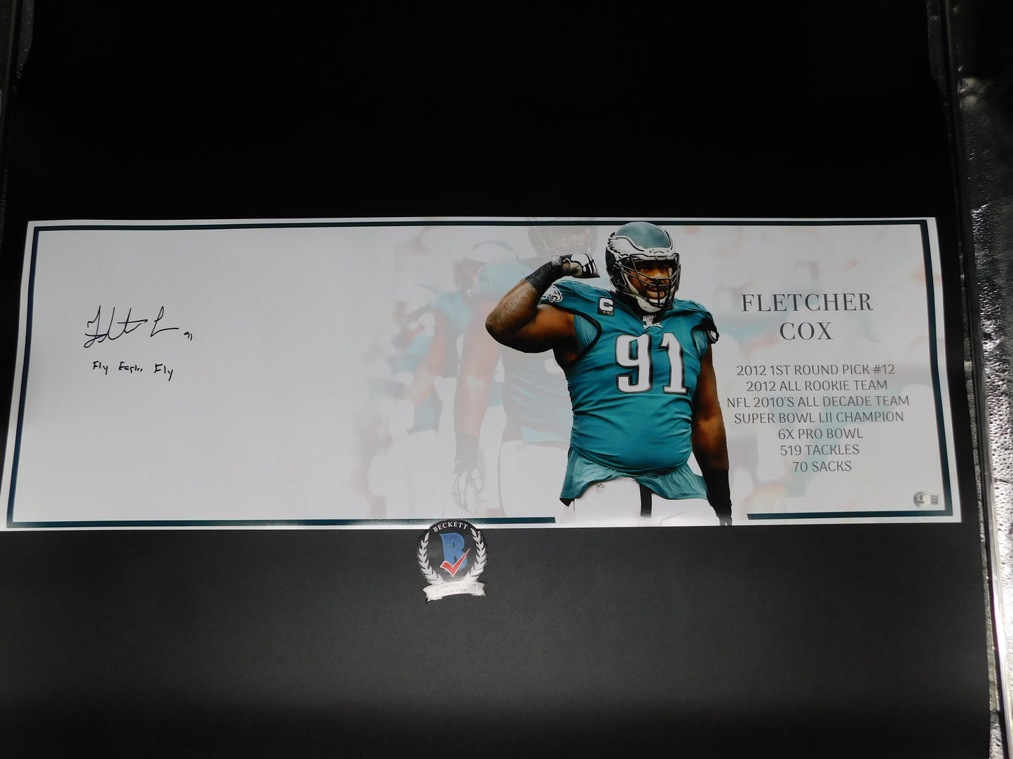 Fletcher Cox Signed and Inscribed 36x12 Panoramic Philadelphia Eagles Photo Beckett COA