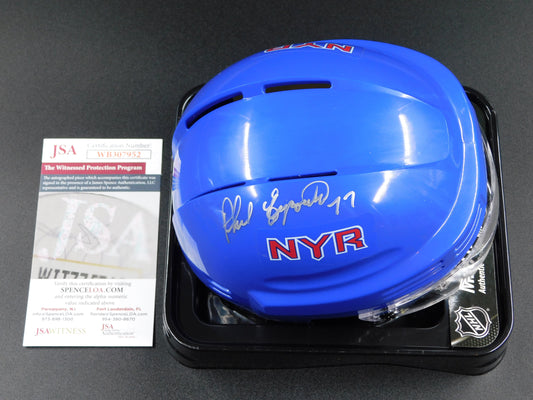 Phil Esposito Signed Autographed New York Rangers Blue Mini Helmet NYR JSA COA