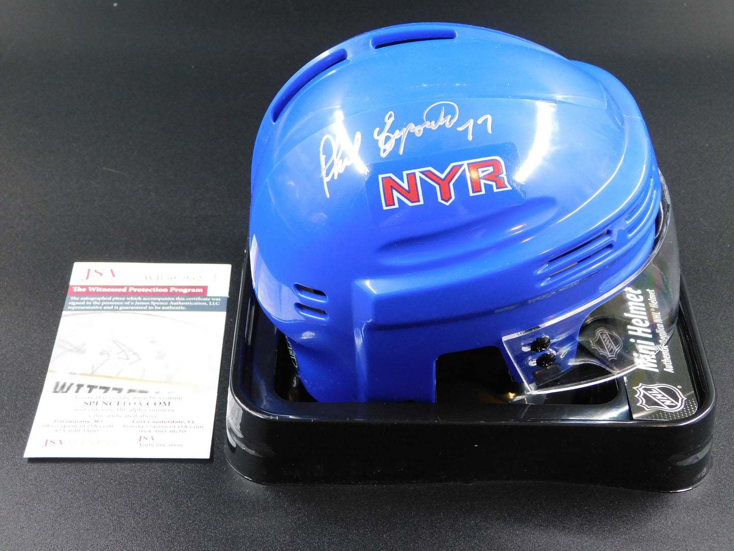 Phil Esposito Signed Autographed New York Rangers Blue Mini Helmet NYR JSA COA