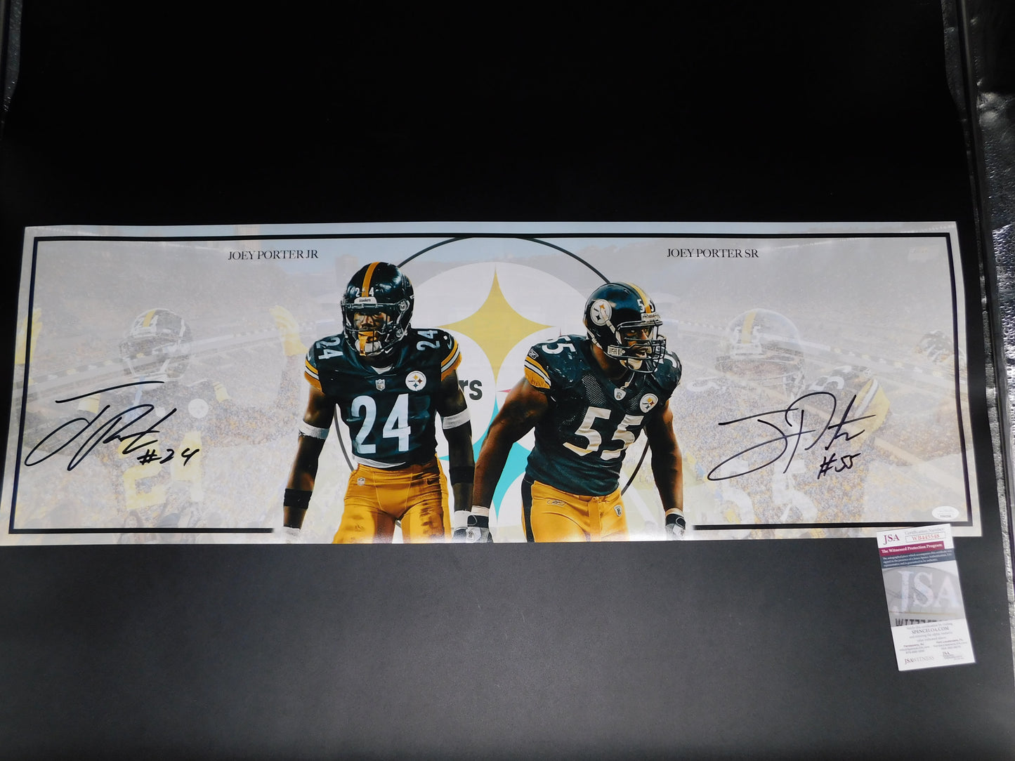 Joey Porter Sr & Jr Signed 36x12 Panoramic Pittsburgh Steelers Photo JSA COA