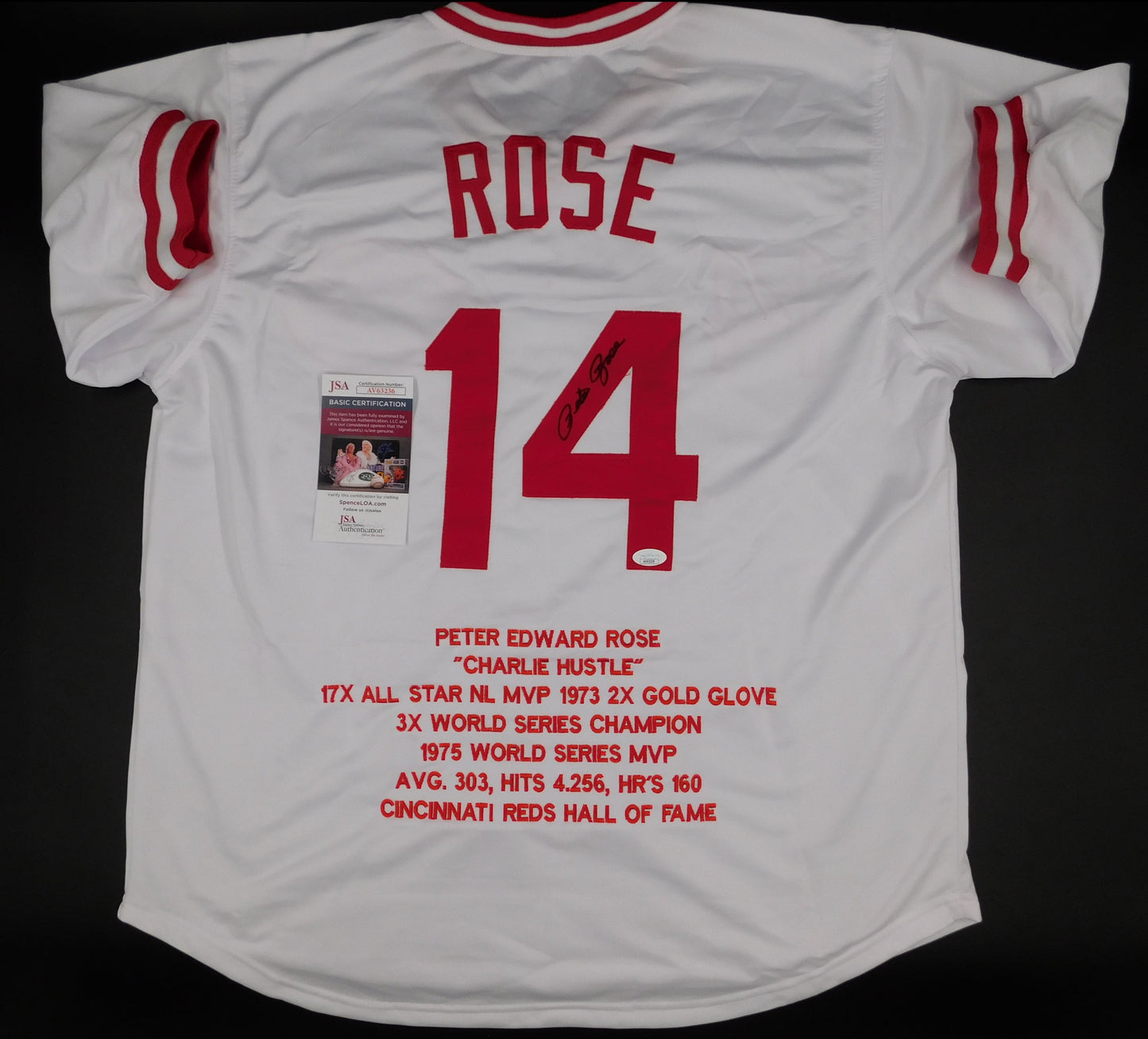 Pete Rose Signed Autographed Stat Jersey Cincinnati Reds Charlie Hustle JSA COA