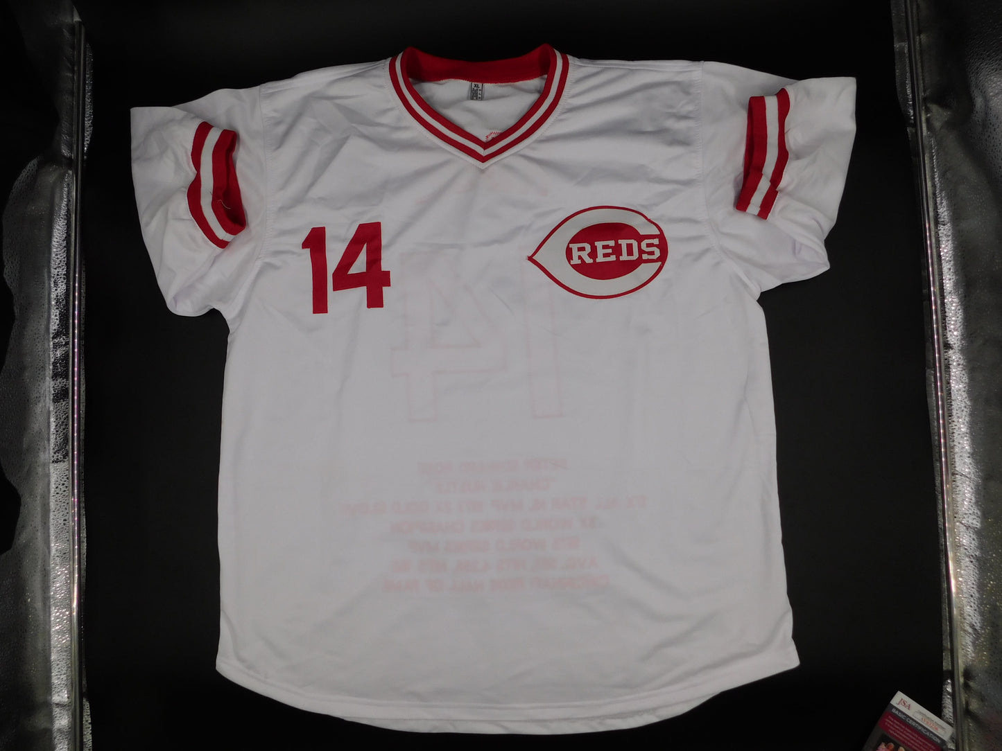 Pete Rose Signed Autographed Stat Jersey Cincinnati Reds Charlie Hustle JSA COA