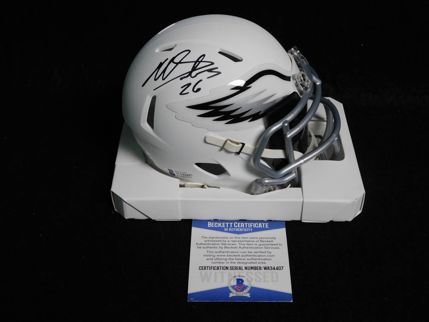 Miles Sanders Signed Auto Philadelphia Eagles Flat White Mini Helmet BAS COA