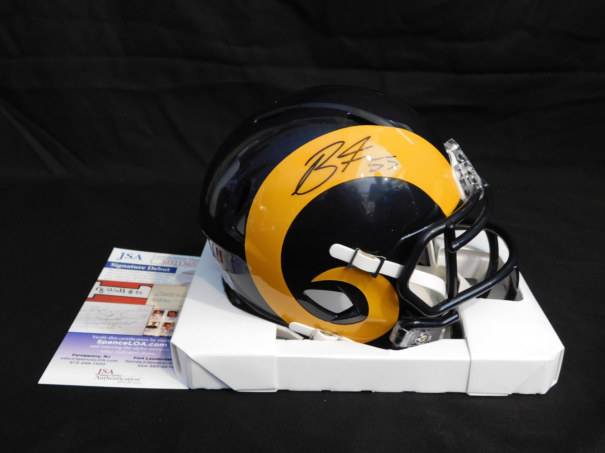 autographed football helmet values Braden Fiske Signed Autographed LA Rams Alternate Speed Mini Helmet JS – Boone Enterprises Authentic Autographs