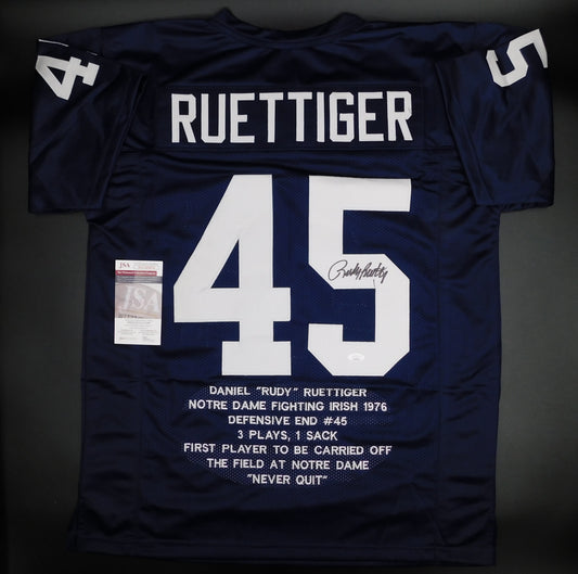 Rudy Ruettiger Signed Autographed Notre Dame Fighting Irish Blue Stat Jersey JSA COA