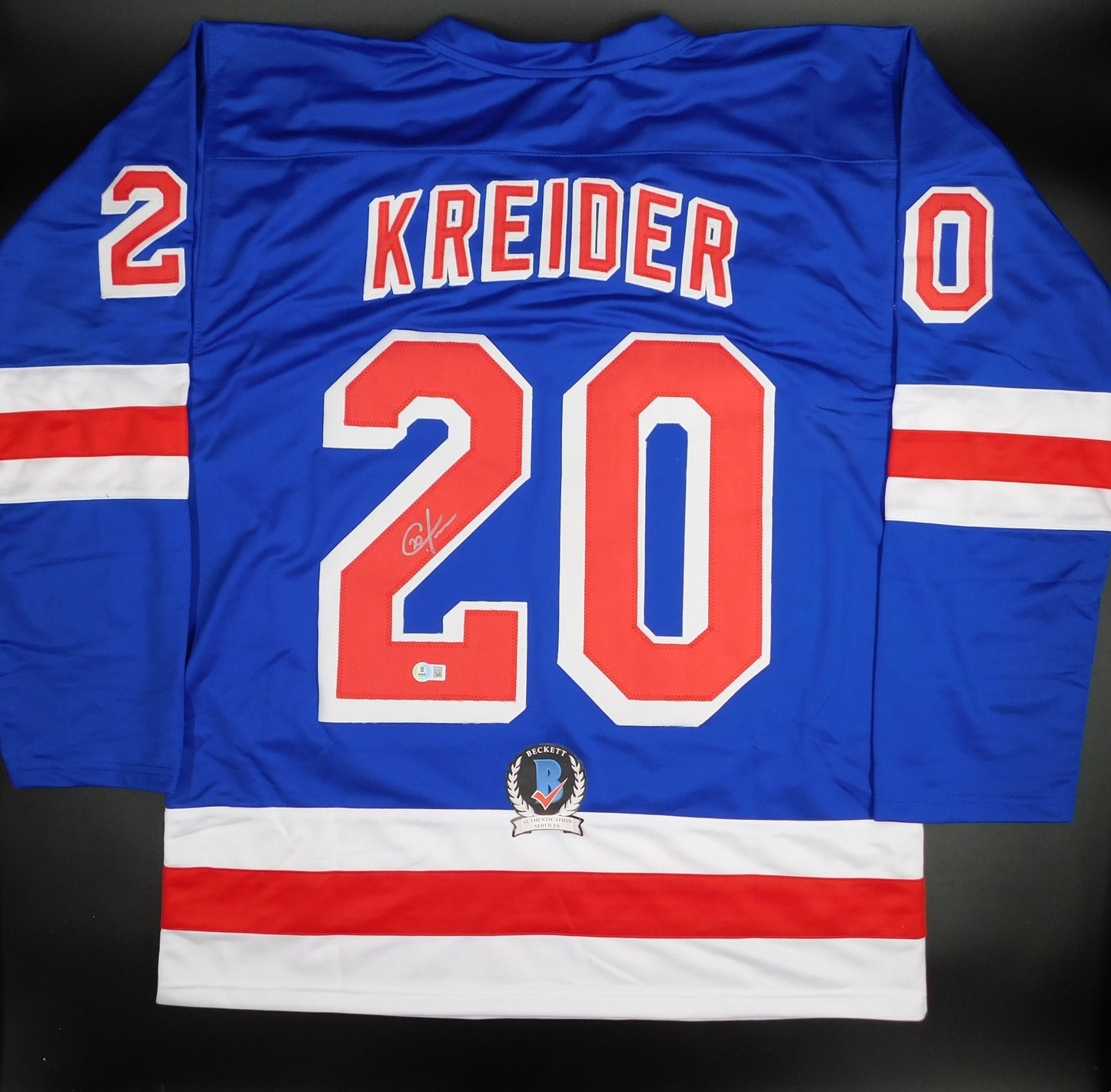 Chris Kreider Signed Autographed New York Rangers Blue Hockey Jersey BAS COA