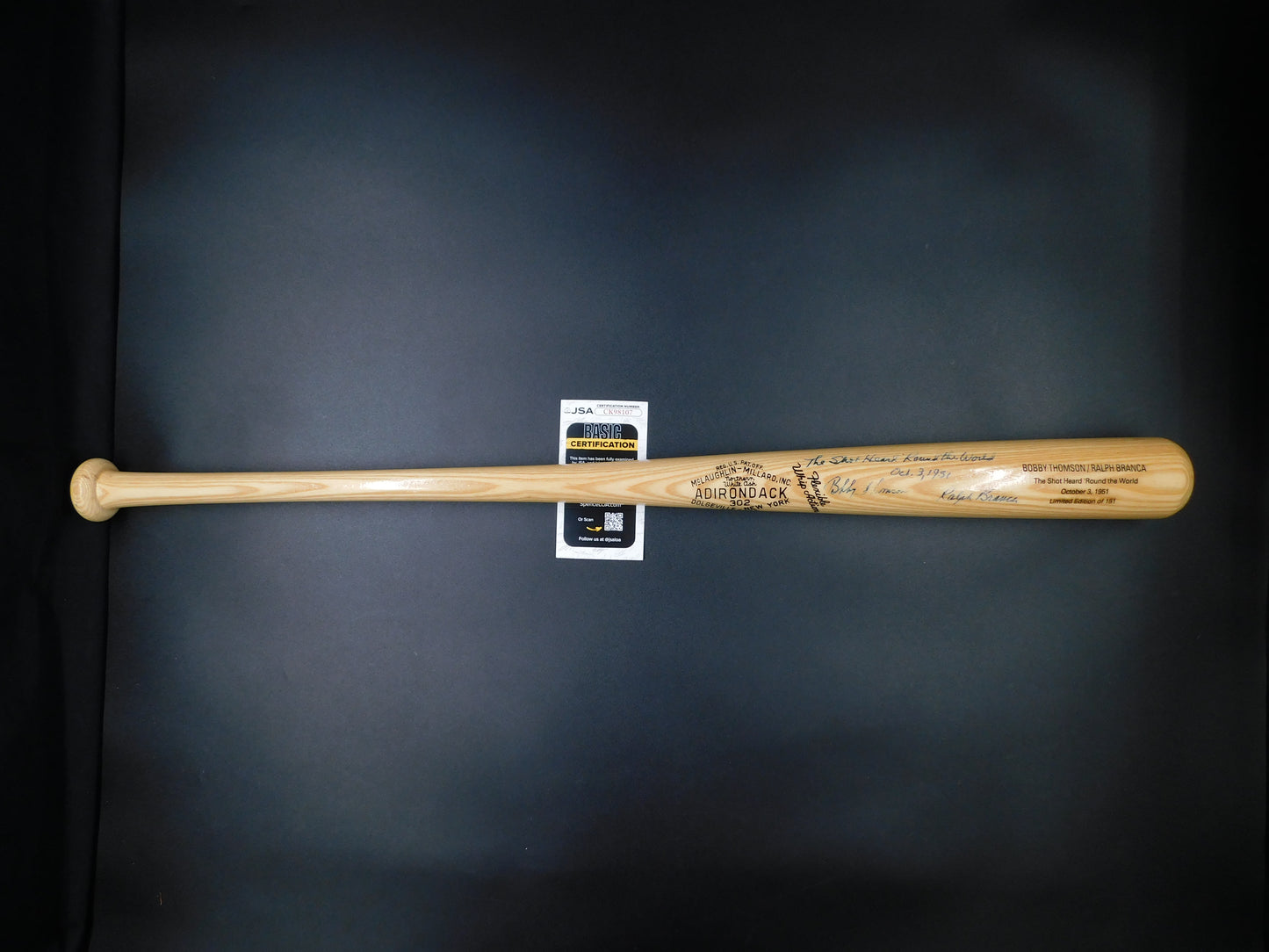 Ralph Branca & Bobby Thomson Dual Signed Baseball Bat Shot Heard Round The World JSA COA