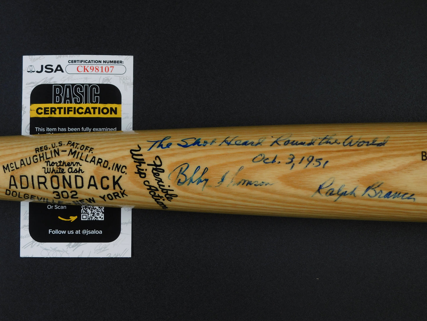 Ralph Branca & Bobby Thomson Dual Signed Baseball Bat Shot Heard Round The World JSA COA