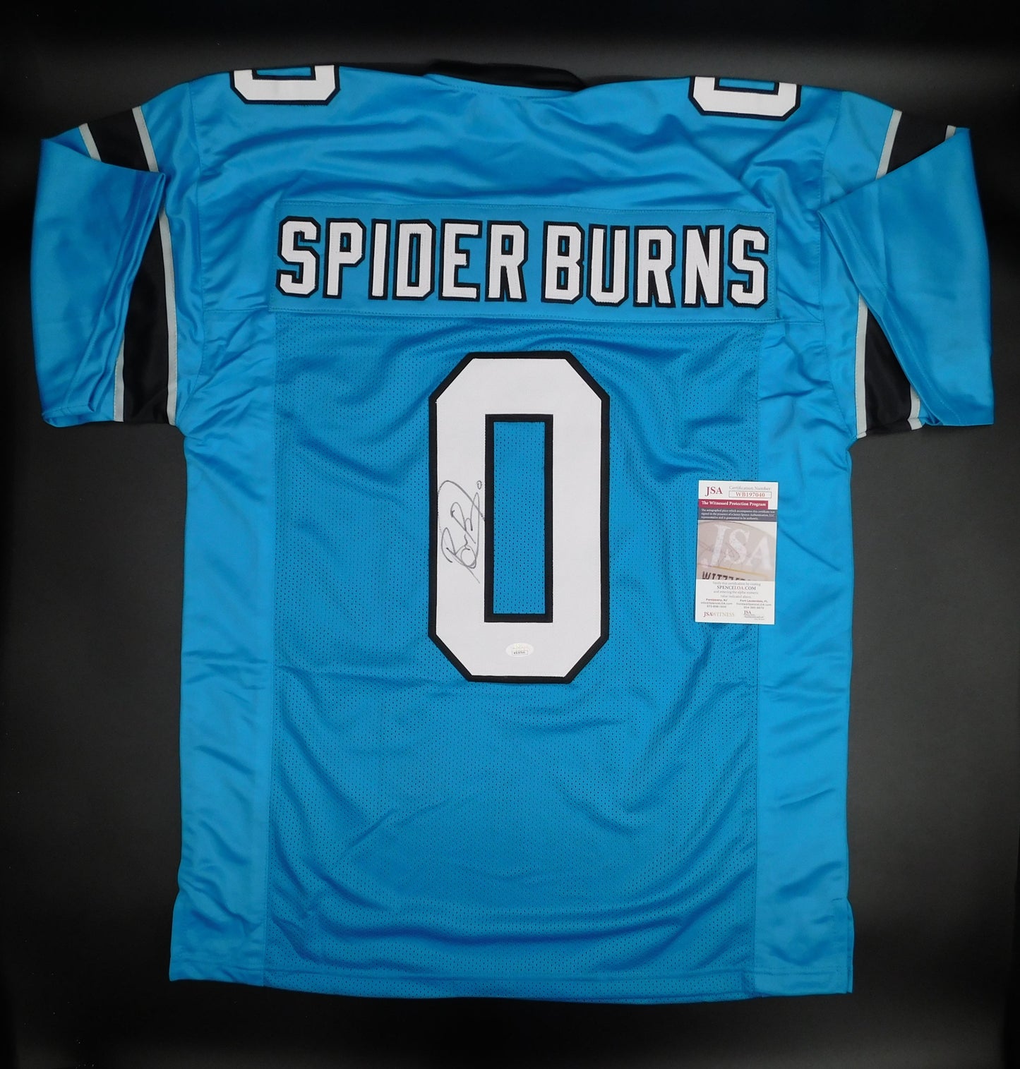 Brian Spider Burns Signed Autographed Carolina Panthers Blue Football Jersey JSA COA