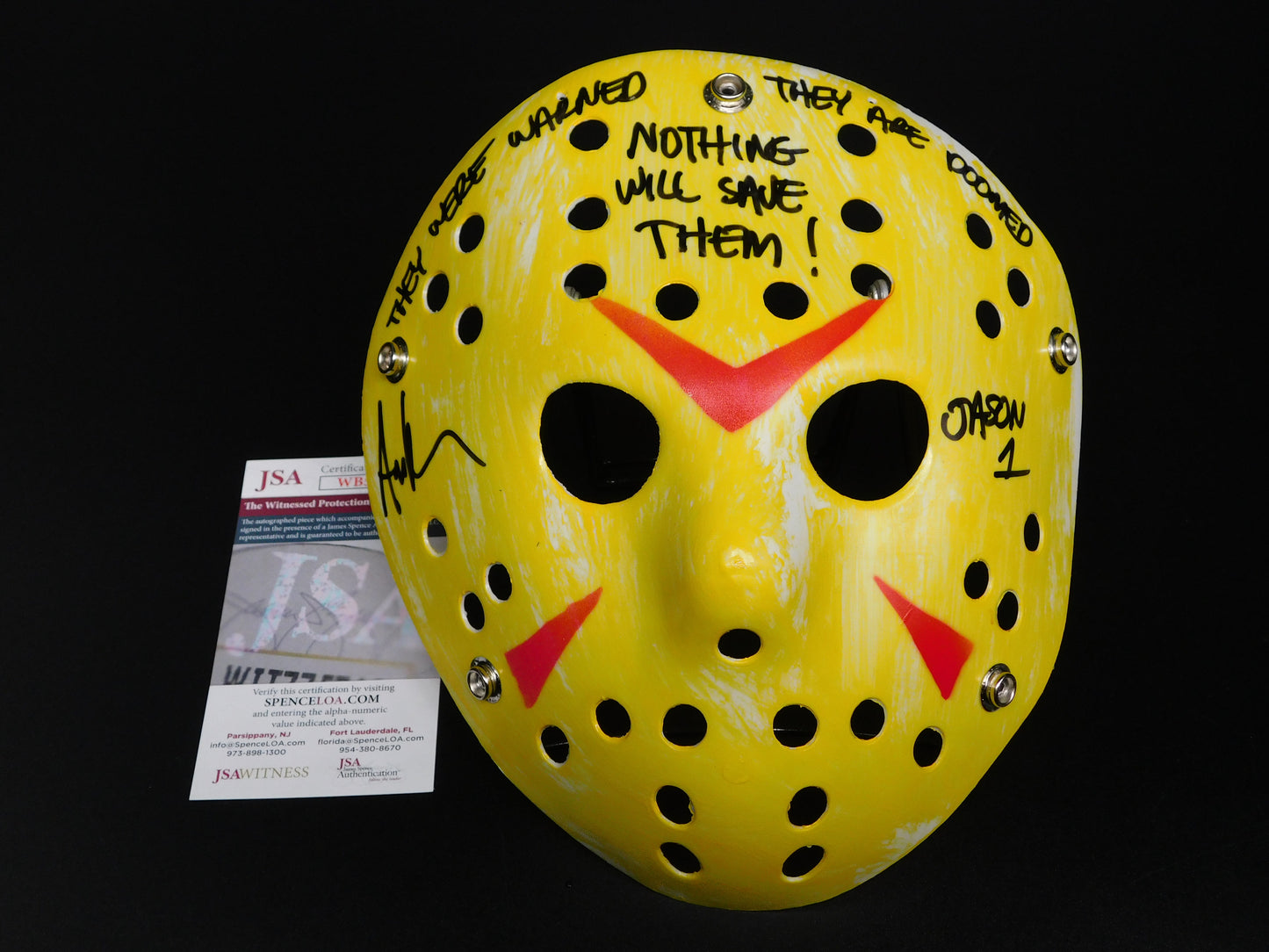 Ari Lehman Signed Autographed Jason Voorhees Yellow Hockey Mask Friday The 13th Quote JSA COA