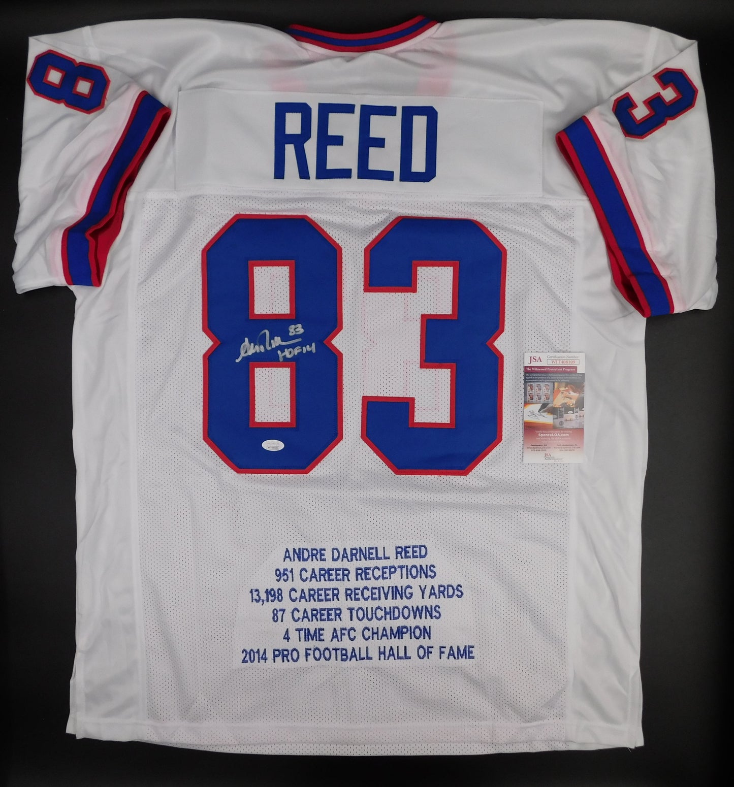 Andre Reed Signed Autographed Buffalo Bills White Stat Football Jersey HOF JSA COA