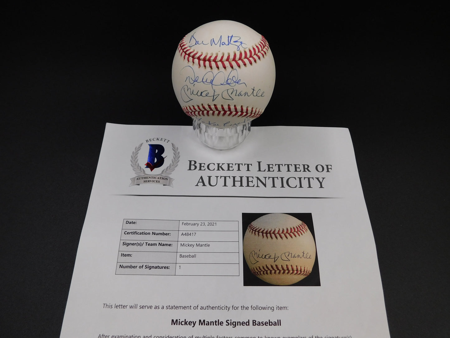 Mickey Mantle Derek Jeter & Don Mattingly Signed OAL Baseball Yankees Legends BAS LOA MLB